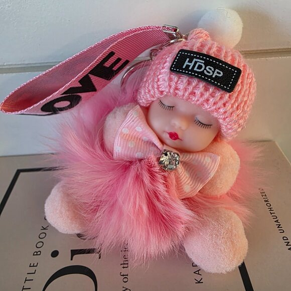 Cute Baby Sleeping Keychain with LOVE tag, Plush rabbit fur, Bag Charm, - Picture 4 of 7